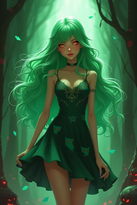 In Hell, Olivia appears with long, flowing green hair that shimmers like her favorite color. Her attire consists of a stylish yet cozy dress adorned with lynx patterns. She has warm, inviting eyes that radiate kindness, in Hazbin Hotel style.