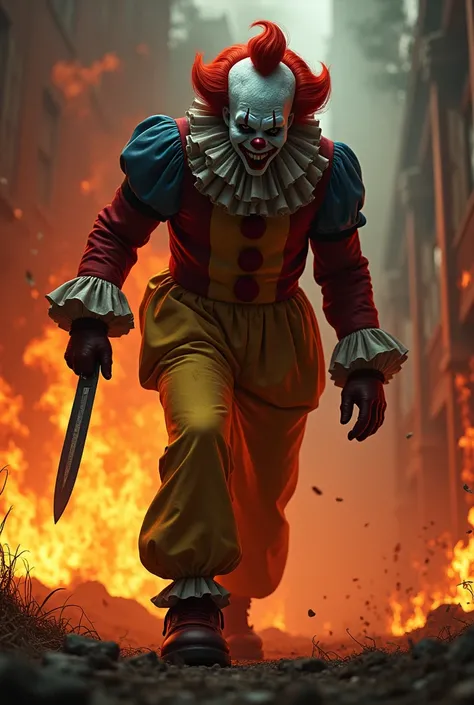 Le clown Killer Klowns avec un couteau et des flammes derrière lui