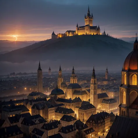 A large medieval city from the 1400s with a huge church in the center of the city with a large dome of holy energy over the entire city is in the background on the citys horizon a huge castle of Vlad Dracula from the Castelvania game hovering and releasing...