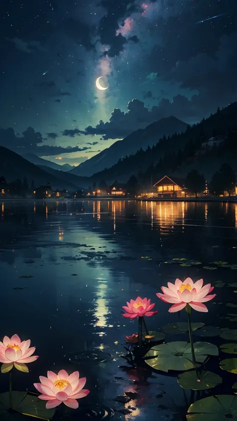 night, Only moonlight illuminates, Meniscus, Distant Mountain, Beautiful large lotus nearby, Big red lotus, There is a water supply next to it, Frog, Summer is full of joy, The crescent moon and the stars in the sky blend together, Awesome Wallpapers, 雨のni...