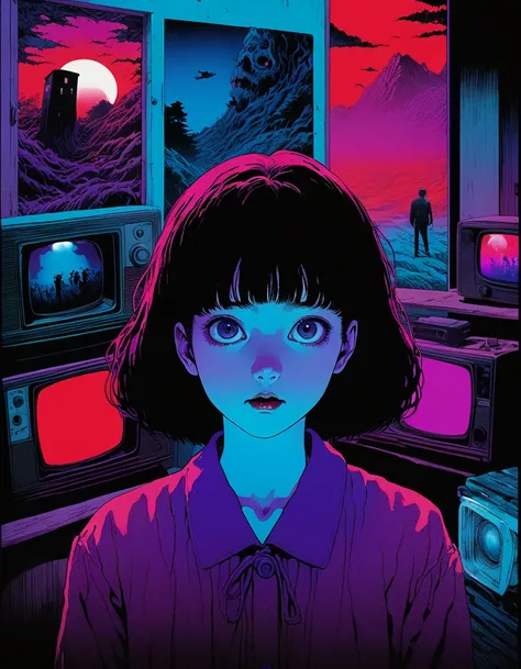 illust、art、from 80s horror movie、directed by junji ito、nightmare、high detail、realsitic shadow、analog style、vhs style、8mm film,、c...