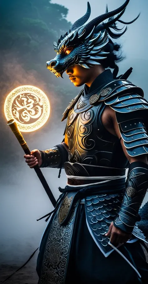 Create an epic and mystical scene featuring a powerful warrior in traditional East Asian attire, holding a radiant Chi symbol between his hands. The Chi symbol should glow with intense energy, illuminating the surroundings. Behind the warrior, depict two m...