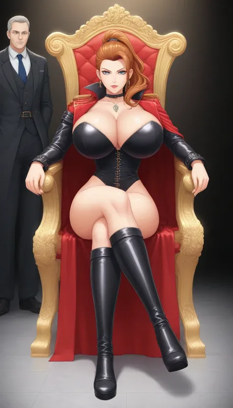 1 ponytail mistress, dominatrix girl with gigantic huge breast, upper class, luxury, triad female leader, rich, glamour, Known for her impeccable fashion sense and elegant demeanor, she is a true embodiment of the Versace brand. Her body language is as cap...