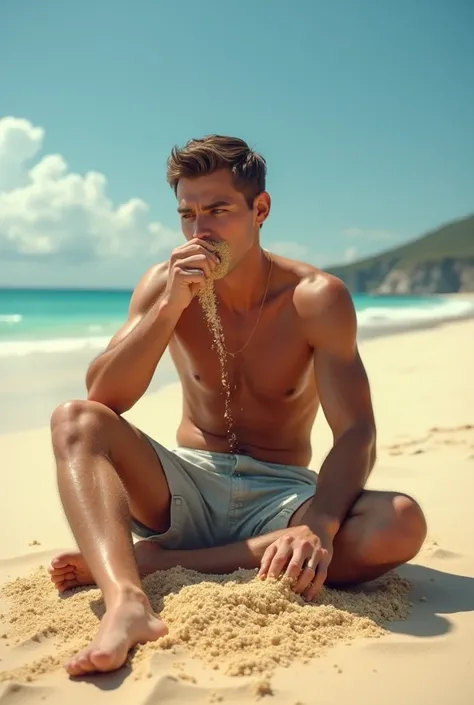 Man eating sand on the beach, he has sand in his mouth