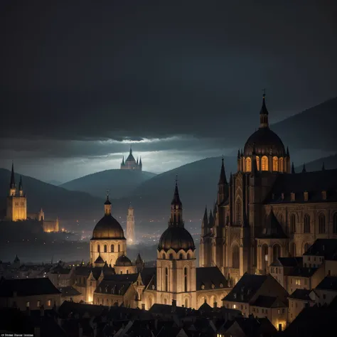 A large medieval city from the 1400s with a huge church in the center of it, Its with a large dome of holy energy over the entire city, Its in the citys sky, a huge black and gloomy castle of Vlad Dracula from the Castelvania game floating and emanating a ...