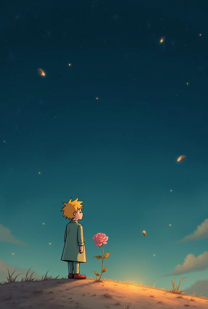 The little prince and his rose on a small planet watching stars and planets