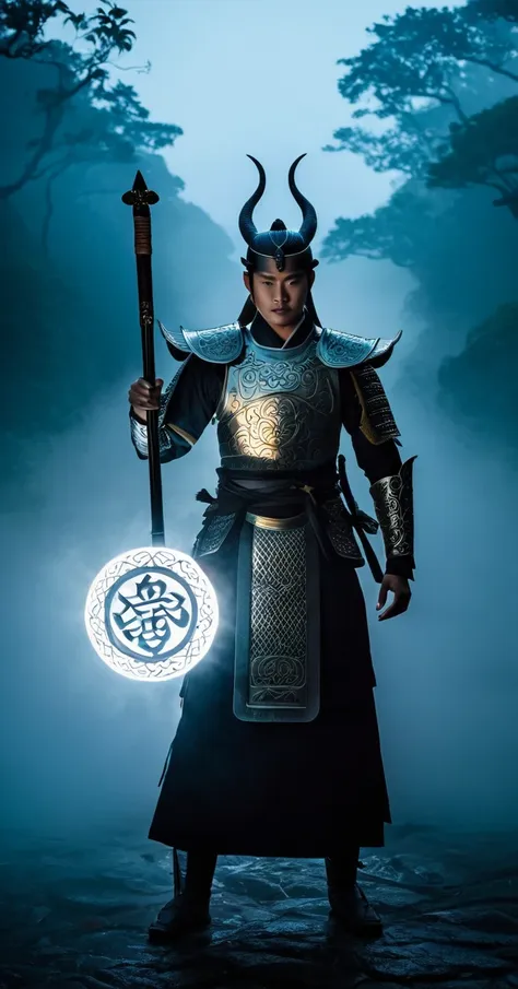 create an epic and mystical scene featuring a powerful warrior in traditional east asian attire, holding a radiant chi symbol be...