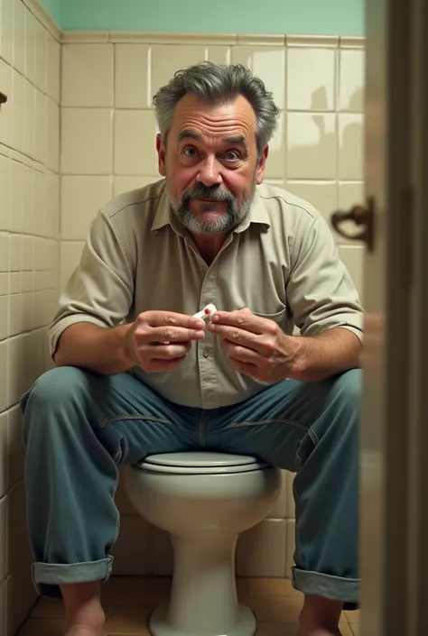 Dad sitting on toilet holding a tampon