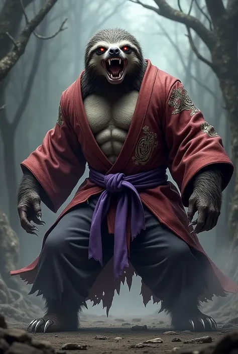 Make a muscular sloth, demonic, with kimono and purple jiu jitsu belt