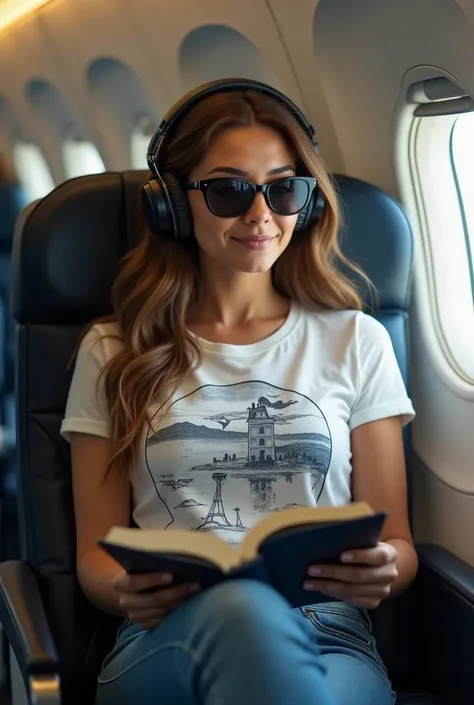 1 women, detailed, Professional lighting, Very beautiful women(curve body), long hair, wearing white printing t-shirts and jeans, sun glasses, headphones, sitting inside the plane, feeling happy, reading a book