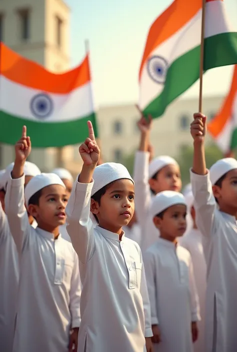 Muslim madarsa children white kurta and white Topi with Indian flag every student one hand. And other one hand salute big flags on 15 August 