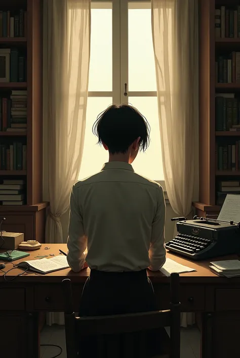 A person writing a novel, their back view appears more androgynous.