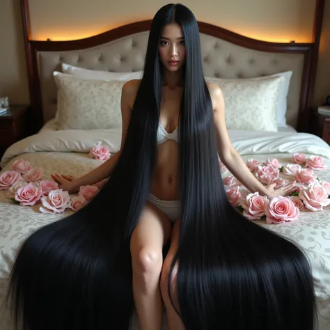 Pretty Asian women、Full body photo、Head to toe photos、Taken from about 4 meters away、ultra-realistic、The longest black hair in the world、Hair longer than Rapunzel、She has very long black hair that covers her entire body...、Hair that is shampooed every day ...