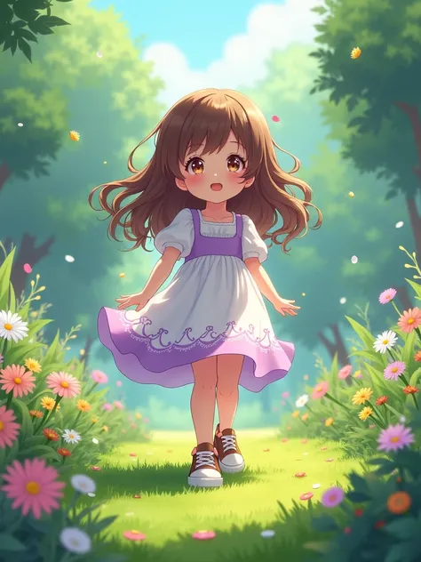 an anime girl wearing white and purple dress playing in garden, brown long wavy hair, brown sneakers and 6 years age brighnet skin color