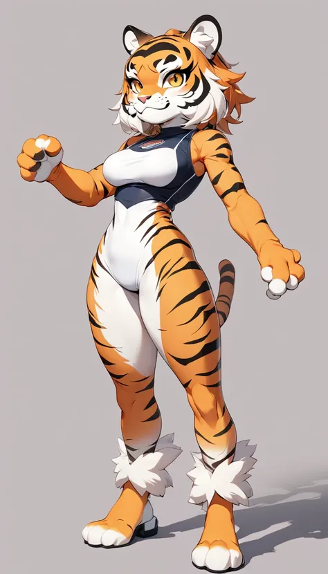 (masterpiece, best quality:1.2), 1 girl, solo, full body, (anthropomorphic Tiger, furry, kemono), simple background, Generated in SFW