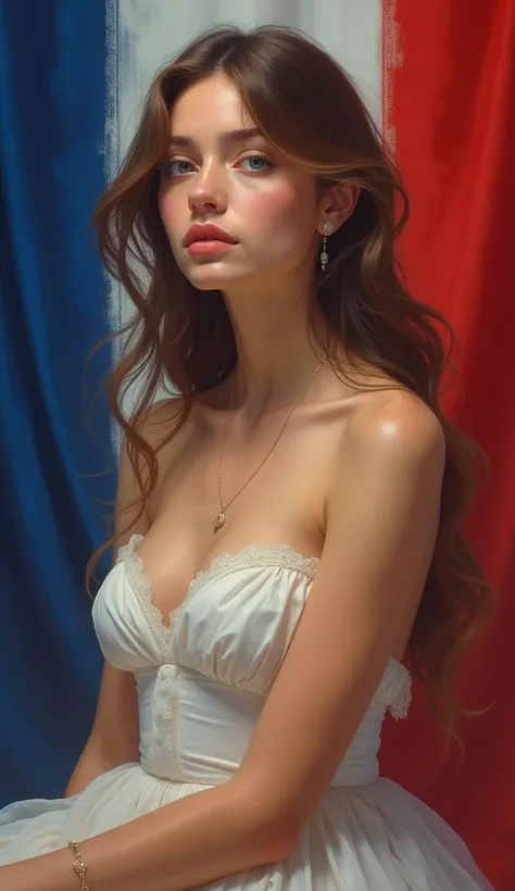 Beautiful Marianne, 18 years old、French goddess。whole body。slim、Small breasts。French flag background