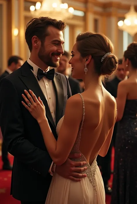 A charity event in an elite hall. Close-up, view slightly from above. 

In the center of attention are elegant ladies in luxurious evening dresses, they are accompanied by respectable wealthy men in expensive suits. High hairstyles of ladies are decorated ...