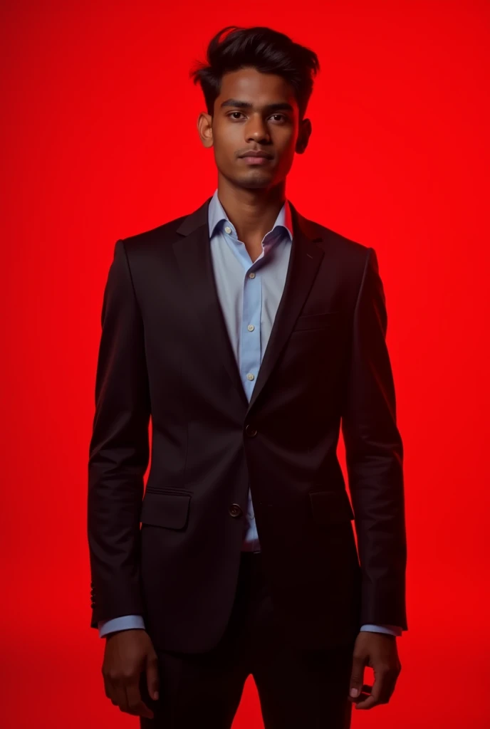 21 year old indian boy With fair skin and skinny 
body Posing for a linkedin picture in formals coat and red light in background

