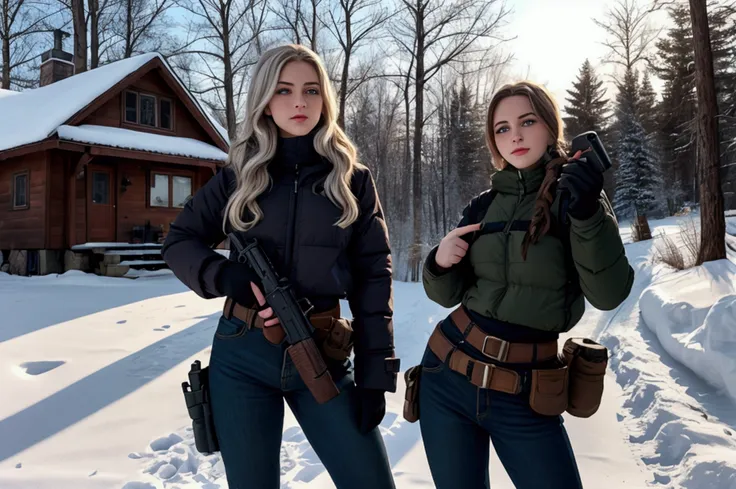 a white girl, very beautiful, with winter clothes, in front of a house in the woods, she has a gun holster on her waist, she ges...