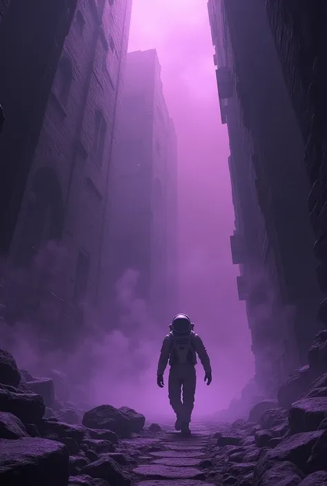 The astronaut stepped into the dark, ancient building with a purple haze of smoke., The massive door closed behind him by itself. The sound of mysterious footsteps grew closer, But Jono didnt realize it.