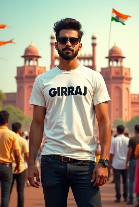 Create a realistic picture of an 28-year-old boy wearing a professional white  t-shirt and professional black jeans. He is standing a smal flying Indian flag, with the Red Fort in the background. The name “GIRRAJ” is written on his  t-shirt in bold letters...