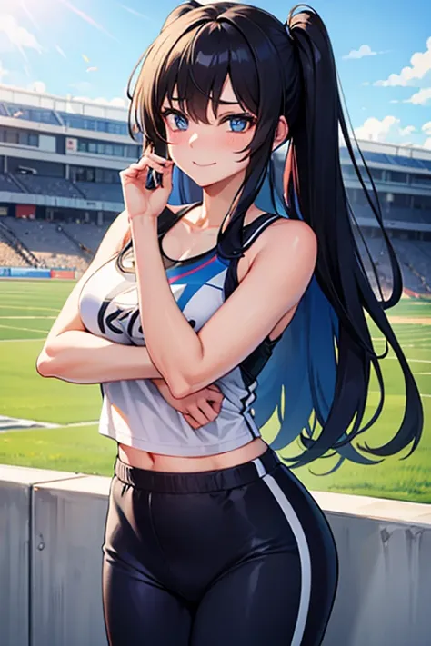 A high school girl, dressed in a jersey and long pants, with black hair and blue eyes, smiling shyly with a flushed face in the stands of the track and field stadium. She looks like an idol of the track and field club.