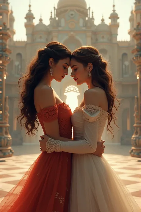 Two women embrace each other, with a palace behind them.