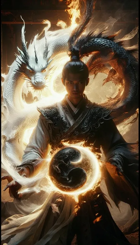 a man holding a ball with a dragon on it, inspired by li gonglin, human and dragon fusion, inspired by feng zhu, man with the so...