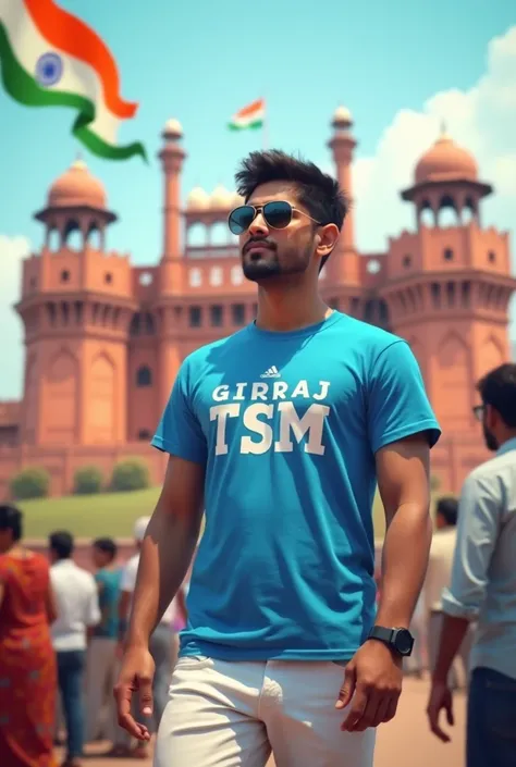 Create a realistic picture of an 28-year-old boy wearing a professional sky-blue shirt with logo "TSM" and  white jeans. He is standing a smal flying Indian flag, with the Red Fort in the background. The name “GIRRAJ” is written on his  t-shirt in bold let...