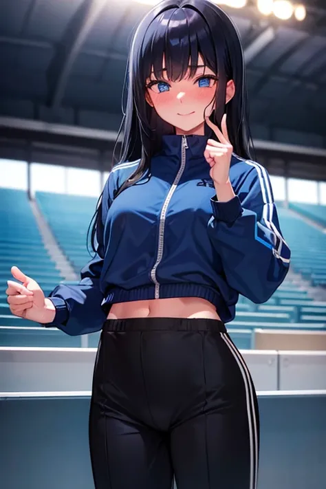 A high school girl with black hair and blue eyes, dressed like an athletic idol in a long-sleeved blue windbreaker and black long pants, blushing and smiling in the audience seats on the track.