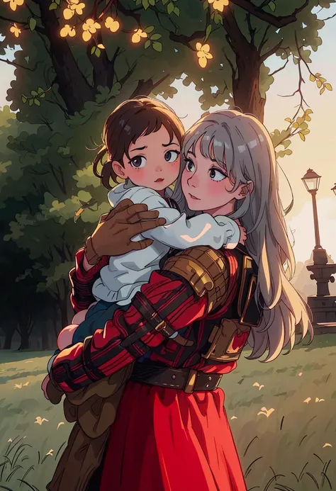 (best quality:0.8) perfect anime illustration, a woman holding a child in her arms in a park, family photography, by Emma Andijewska, profile image, portrait image, profile picture, taken at golden hour, mid shot portrait, high quality portrait, mixed art,...