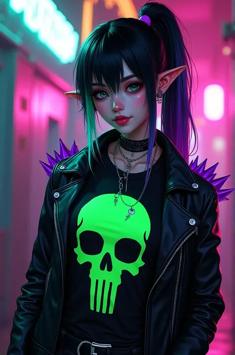 Un personnage dans le style dHôtel Hazbin avec les critères suivants, punk, fluorescent green, fluorescent purple, mint green skin, elf ears, personnage féminin, Hôtel Hazbin, cheveux noir mèche verte et mauve, t-shirt noir avec tête de mort verte, veste e...