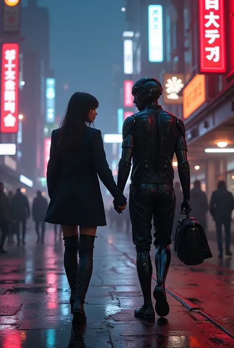 Here is a short story that focuses on the relationship between female and male cyborgs:

In a dystopian, neon-lit metropolis of the future, Amanda, a metal-framed cyborg beneath her skin, wandered the streets in search of her destiny. Her mechanical limbs ...