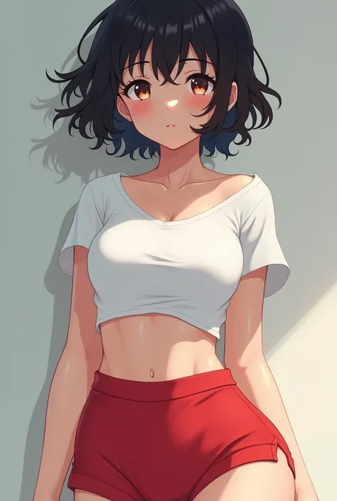 Beautiful anime girl with black short curly hair wearing a very small white t-shirt with big breasts wearing very tight red short with big thighs