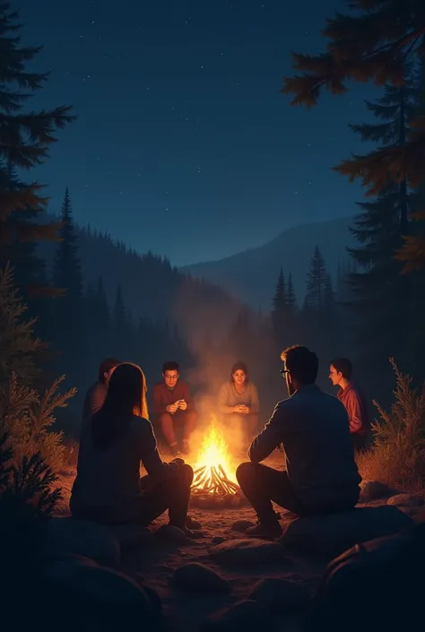 sitting by the campfire , shown from behind, a group