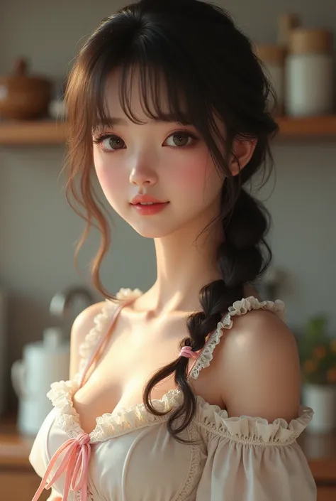 (8ก, best quality, Masterpiece: 1.2), (realistic, realistic, photorealistic: 1.37), 1 woman, hyper detail, beautiful eye details, Beautiful, detailed nose, (((1 girl))), Lolita dress, 7 minutes, kitchen, smile,