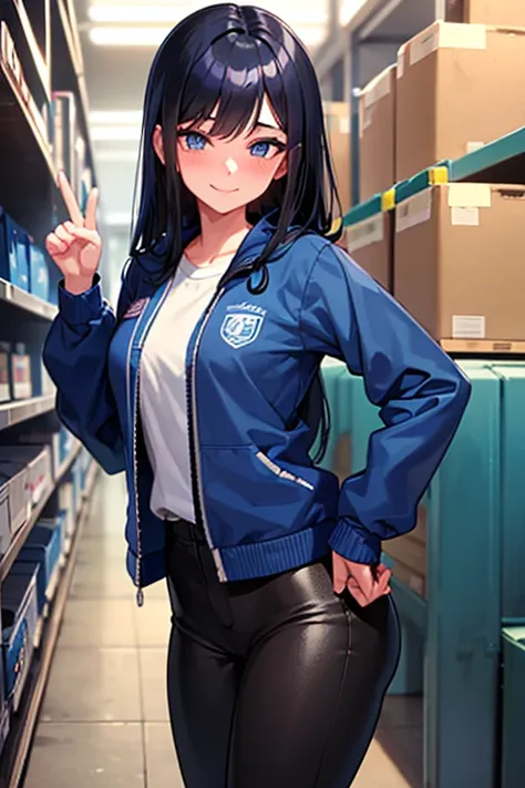 A high school girl with black hair and blue eyes, wearing a long-sleeved blue windbreaker and black long pants, blushing and smiling in a warehouse, looking like an idol of the track and field club.