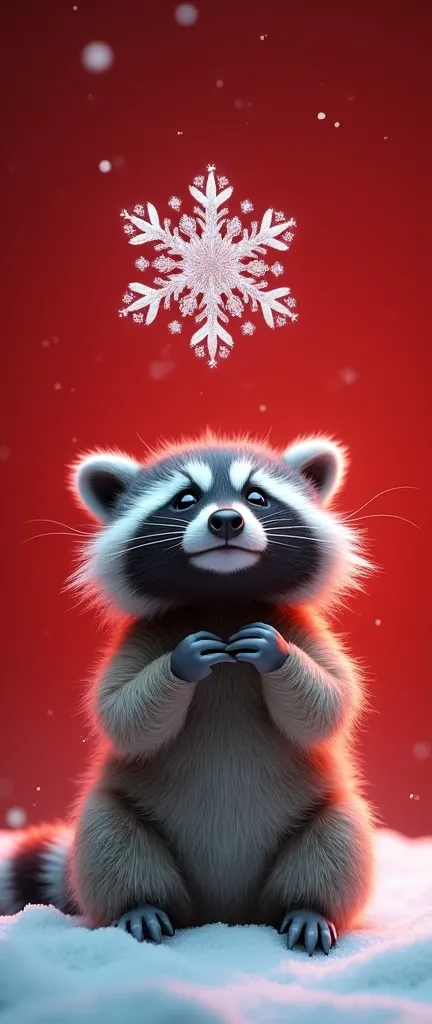 A captivating photograph of a cute extra fluffy baby realistic raccoon holding a delicate snowflake in mid-air, capturing its graceful descent. The snowflake is intricately detailed, featuring a mesmerizing, complex pattern that highlights its natural beau...