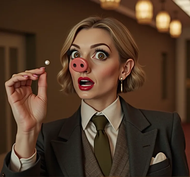 beautiful woman holding a small white pearl in her hand, pig snout on face, big snout, shocked expression, eyes wide, perfect teeth, wearing suit and tie