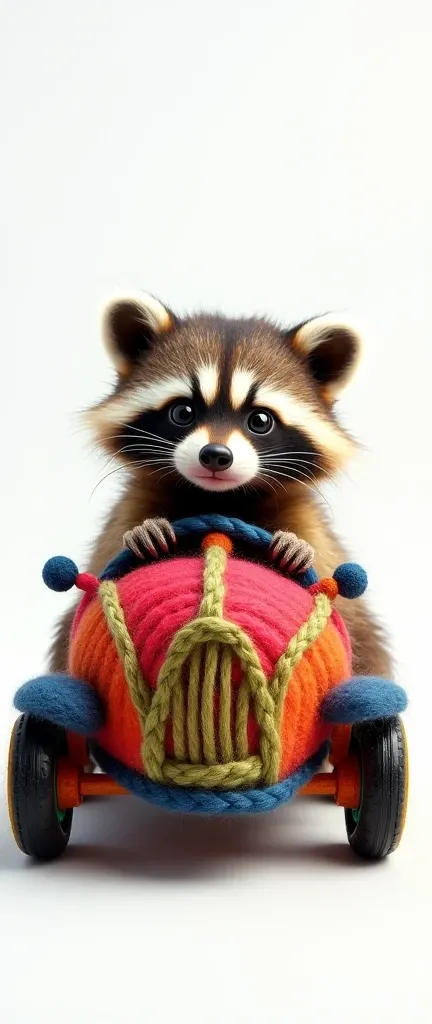 A captivating photograph of a cute extra fluffy baby realistic raccoon driving a whimsical miniature car crafted from multicolored wool. This enchanting vehicle is adorned with a beautiful blend of reds, blues, yellows, and greens, intricately woven and me...