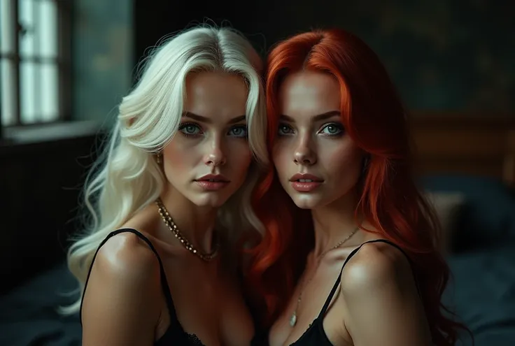 (((masterpiece))) full body magazine style photograph of two different truly beautyful feminine, perfect face, platinblonde hair or red hair, in pleasure, perfect looking beautyful pale eyes in focus, updo, smooth indirect lights in a mystic dark gothic be...