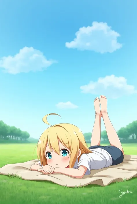 saya (blonde hair, weiblsaya) lie on the grass on a blanket in nice weather and look up at the sky and watch the clouds