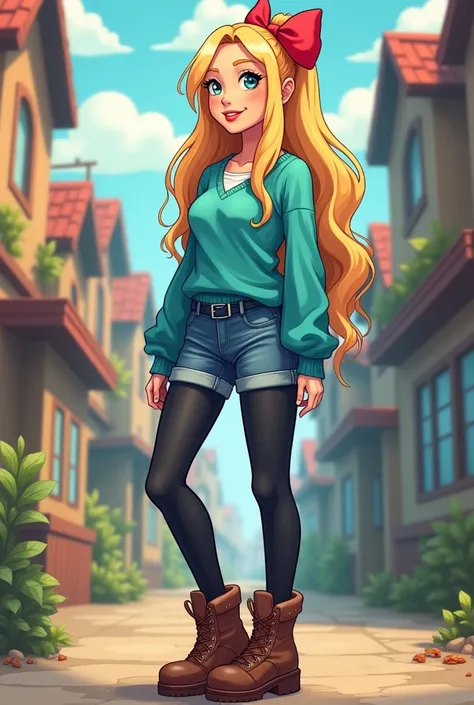 Create a  with a red ribbon tied in a bow in her hair, blonde, long hair, a cyan sweater, denim shorts, black leggings on her legs and brown boots, all in a pixelated style like a retro video game