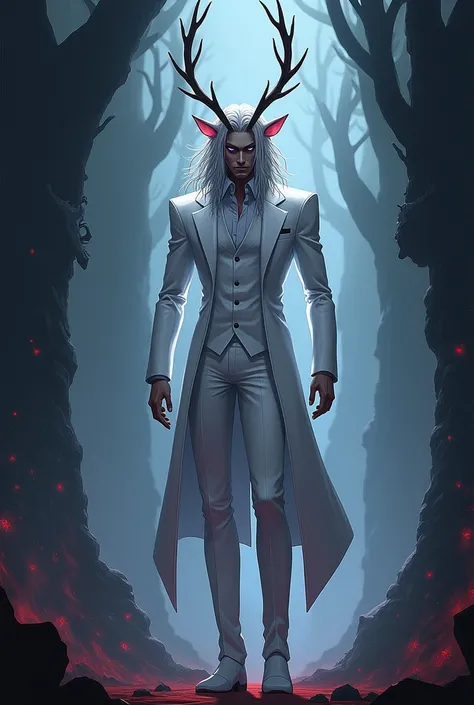 In Hell, Xavier sports a sleek white suit. His eyes are a striking shade of violet, and he has deer-like antlers, reflecting his favorite animal. His hair is a long tousled silver, giving him an ethereal look, in Hazbin Hotel style.