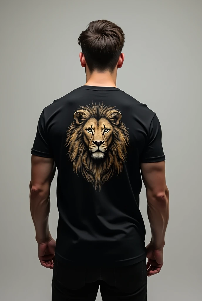 A Young Man with his back to the camera wearing a Black Shirt with a lion. The name is Alex Nunes. 