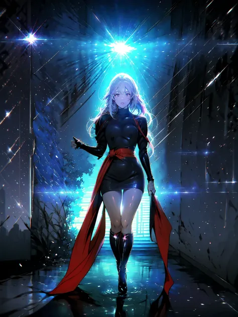 Girl with long white hair down to her waist, with small red details, red eyes, long black dress with a leg slit, with red details, long black boots up to below the knees, white skin, the ground around her is cracking and small stones are floating around he...