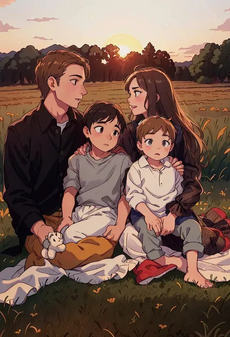 (best quality:0.8) perfect anime illustration, a family sitting on a blanket in a field at sunset, family photography, family portrait, dark. no text, family photo, by Winona Nelson, husband wife and son, by Kristin Nelson, by Amy Weber, by Carey Morris, g...