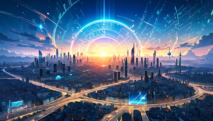 "a futuristic cityscape at dawn, with holographic displays of scientific formulas and discoveries floating above the buildings"