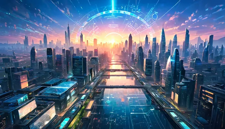 "a futuristic cityscape at dawn, with holographic displays of scientific formulas and discoveries floating above the buildings"