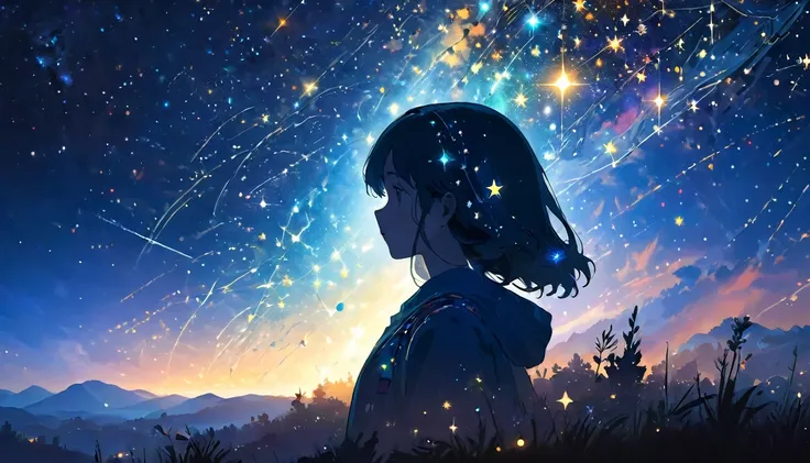 "a young person's silhouette filled with a cosmic landscape, stars, and constellations, representing the pursuit of knowledge an...